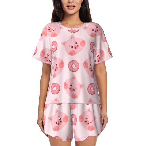 Balery Pigs Head And Donuts Conjunto de Pijama para Mujer con Estampado, Dos Piezas de Manga Corta y Shorts, Ropa de Dormir Suave con Cuello Redondo y Bolsillos-XX-Large