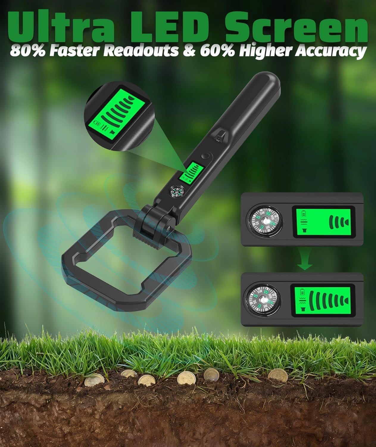 CSONGAZA Foldable Handheld Metal Detector - IP66 Waterproof, Kids & Adults Lightweight Portable 360° Detection Tool with LCD Display, Compass & LED Light