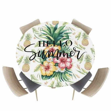 Round Fitted Tablecloth Summer Pineapple Flower Leaf Circle Table Cover Waterproof Table Cloth with Elastic Edge Tropical Fruit Plant Outdoor Tablecloths for Kitchen Picnic 45-54in