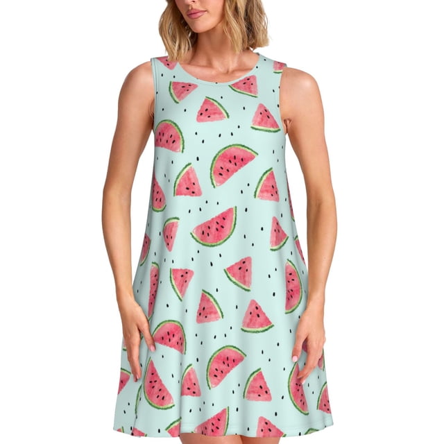 Vsdgher Robe d'Été Imprimé Melon D\'eau pour Femmes Décontractée Col en U Robe de Plage Sans Manches Robe Débardeur Ample avec Poche