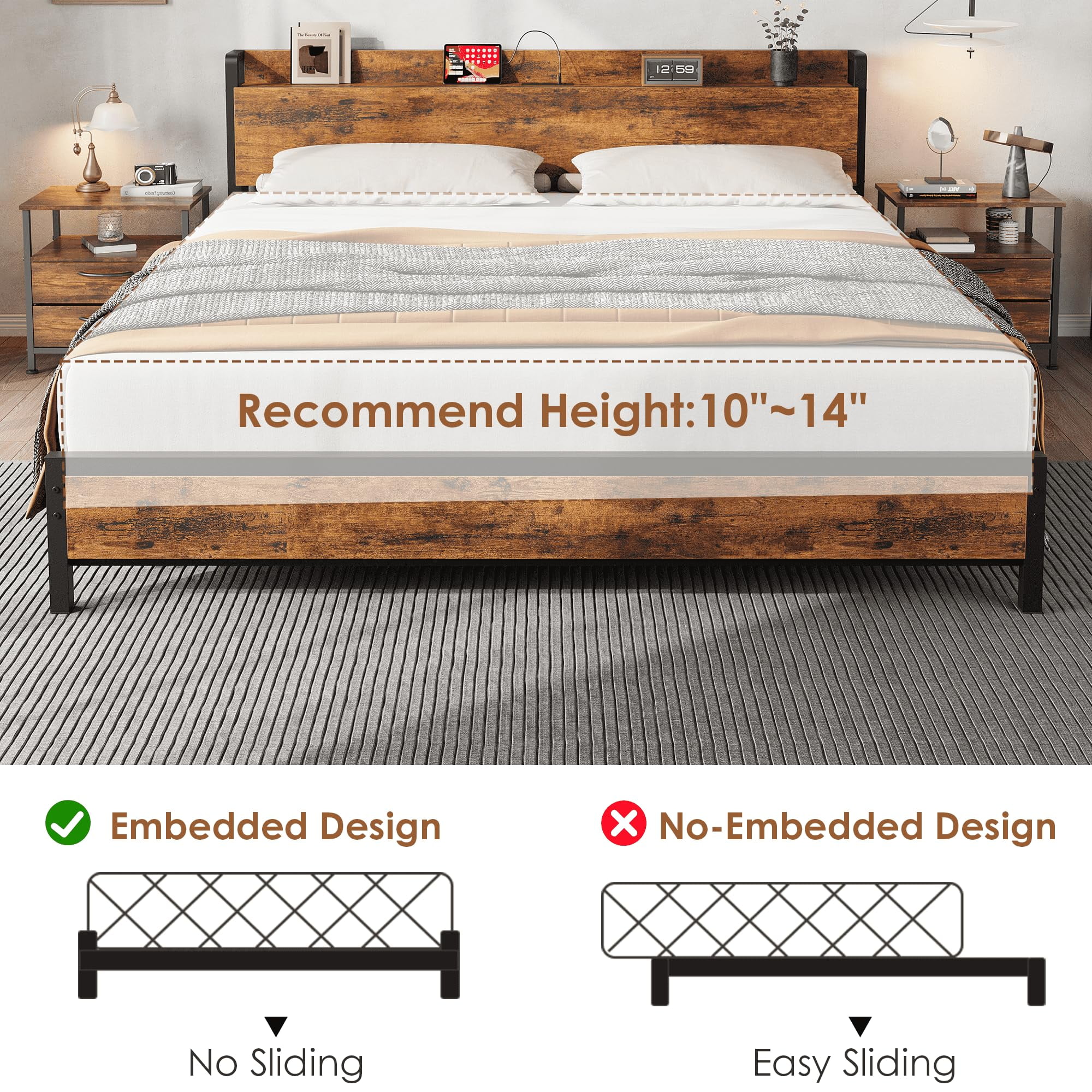 King Size Bed Frame with Storage Headboard, Industrial King Bed Platform with Charging Station and USB Ports, No Box Spring Needed Easy Assemble Mattress Foundation - Rustic Brown