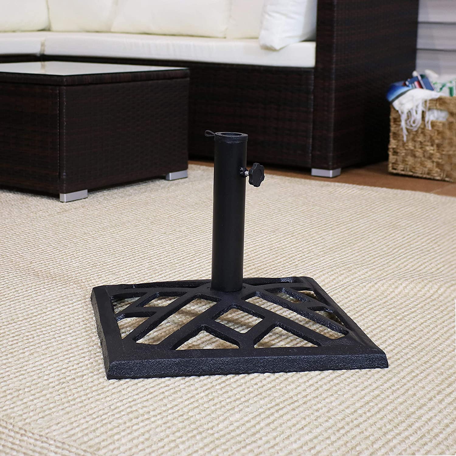MONGJI 17lb Cast Iron Patio Umbrella Base - Heavy-Duty Square Metal Outdoor Market Umbrella Stand for Outside - 17-Inch - Black - Modern Geometric