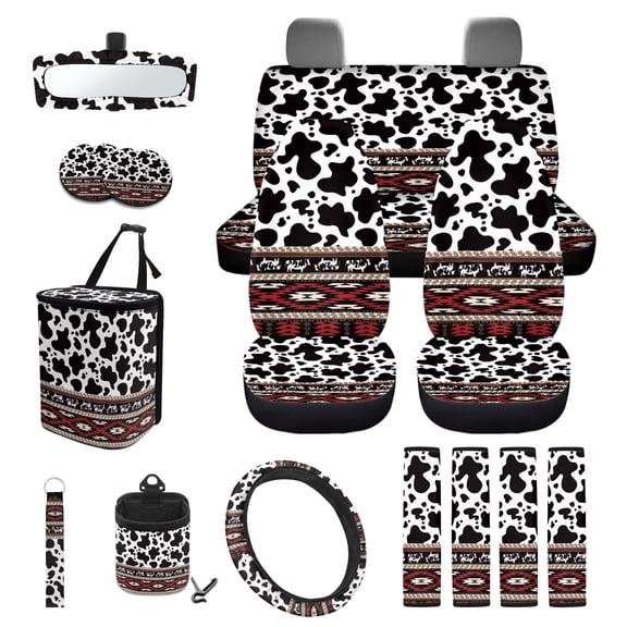 Yuyamidu Cow Print Car Seat Cover Full Set Western Aztec Steering Wheel Cover Auto Seatbelt Pads Coaster Trash Can Air Vent Holder Rear View Mirror Cover Car Coasters Keychain 15 Packs