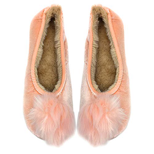 ooohyeah Pantoufles Ballerines à Pompons Moelleux pour Femmes, Pantoufles Douces et Confortables, Pompons Roses
