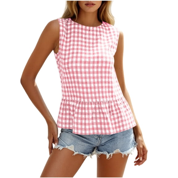 BSDJILFG Juniors Cute Tops Y2K Sleeveless Plaid Print Tank Tops Ruffled Hem Peplum Blouse with Keyhole Back Button