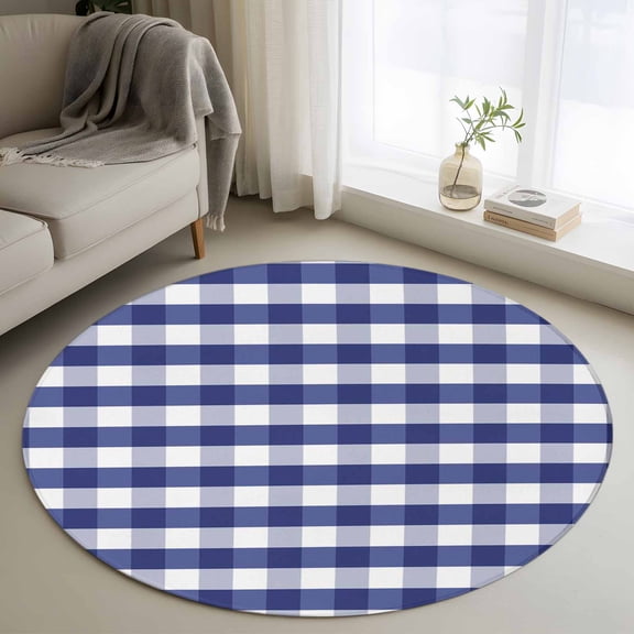 Round Rugs 4Ft, Navy Blue Checkered Round Area Rug Washable Indoor Throw Carpet, Farmhouse Blue White Buffalo Plaid Soft Non Slip Circle Rug for Kitchen Nursery Room Home Decor Aesthetic