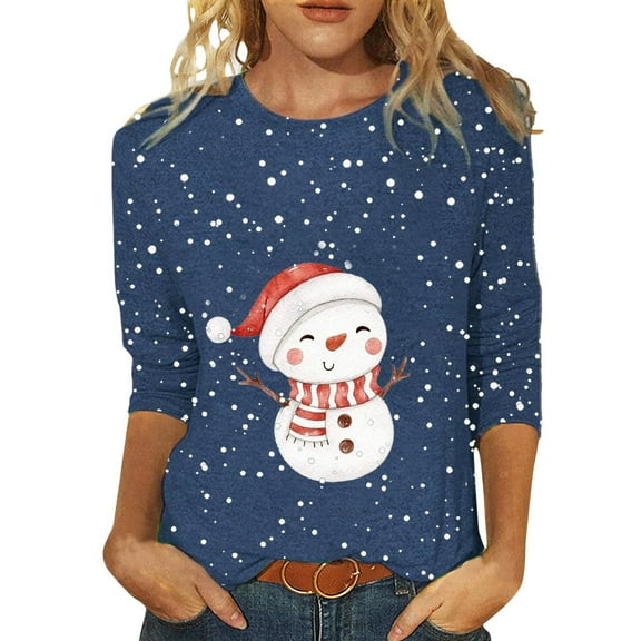 Funny T-Shirts For Women Casual Fashionable Snowman Print Round Neck 3/4 Sleeve Xmas Gift Clothes