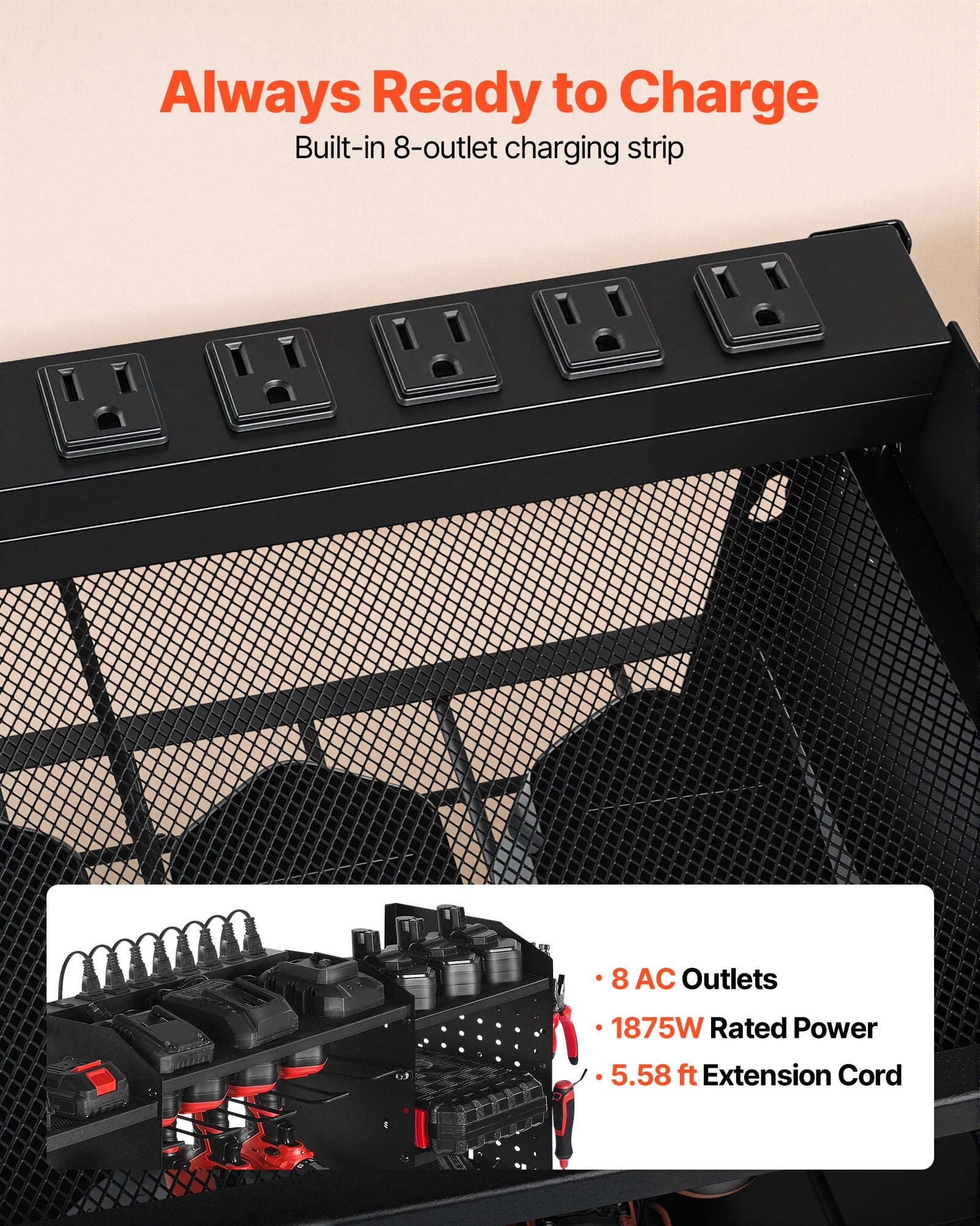 VEVOR Power Tool Organizer with Charging Station, 3-Layer Power Tool Battery Storage Rack with 5.58 ft Power Strip, 8 Drill Holders & 8 Outlets, Garage Tool Organizer for Garage, Workbench, Workshop