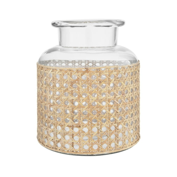 Bloomingville Round Glass Jar Vase with Decorative Cane Sleeve, Clear and Natural