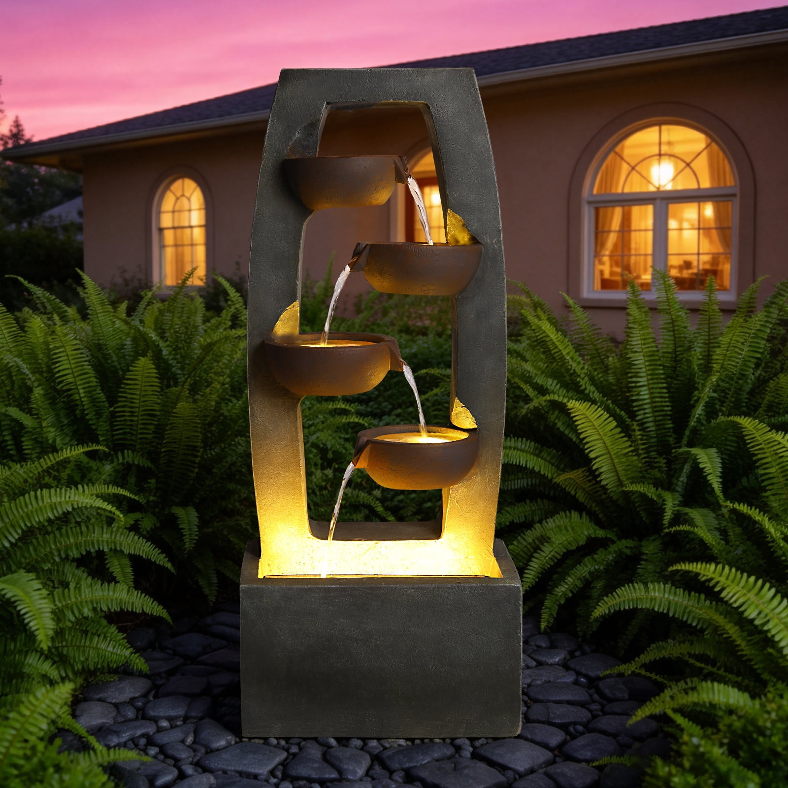 Mintazer 4 Tier Modern Cascading Waterfall Fountain with LED Lights, Outdoor Garden Fountain for Patio Yard Porch Landscape