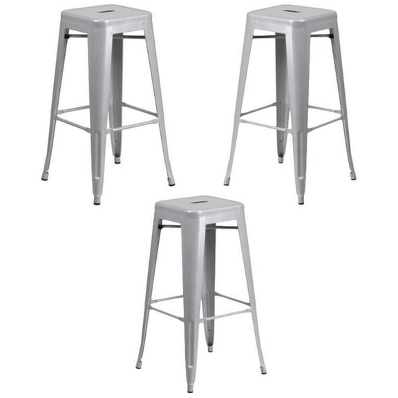 Home Square 30" Metal Backless Bar Stool in Silver - Set of 3