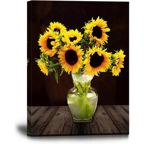 Sunflower Canvas Wall Art for Bathroom Bedroom Wall Decor Framed Blooming Yellow Flower Wall Decoration Dark Brown Wood Wall Picture for Living Room Sunflower Canvas Painting 12x16inch, Black