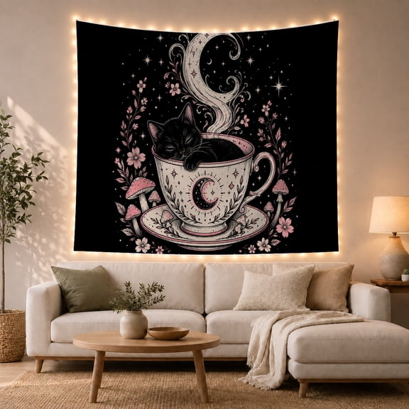 Sleeping Black Kitten in Celestial Teacup with Moon Steam and Stars, Dreamy Fantasy for Cat Lovers, Whimsical Nursery Art, Birthday Gift Tapestry Wall Hanging for Bedroom and Dorm