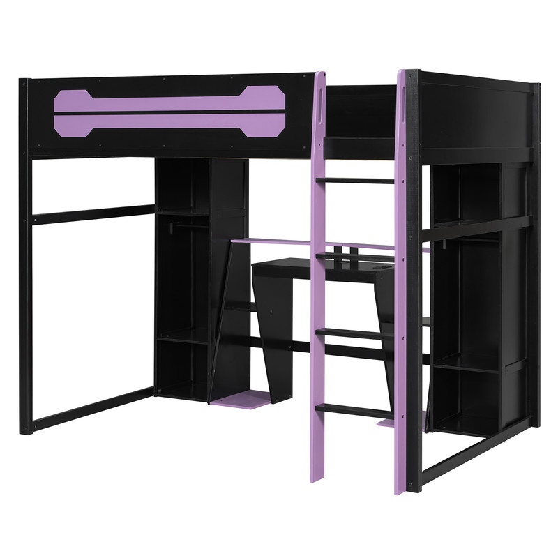 Full Size Wooden E-Sport Loft Bed with Desk, LED Lights & Charge Station, Storage Bed Frame with Built-in Wardrobe & Cabinets