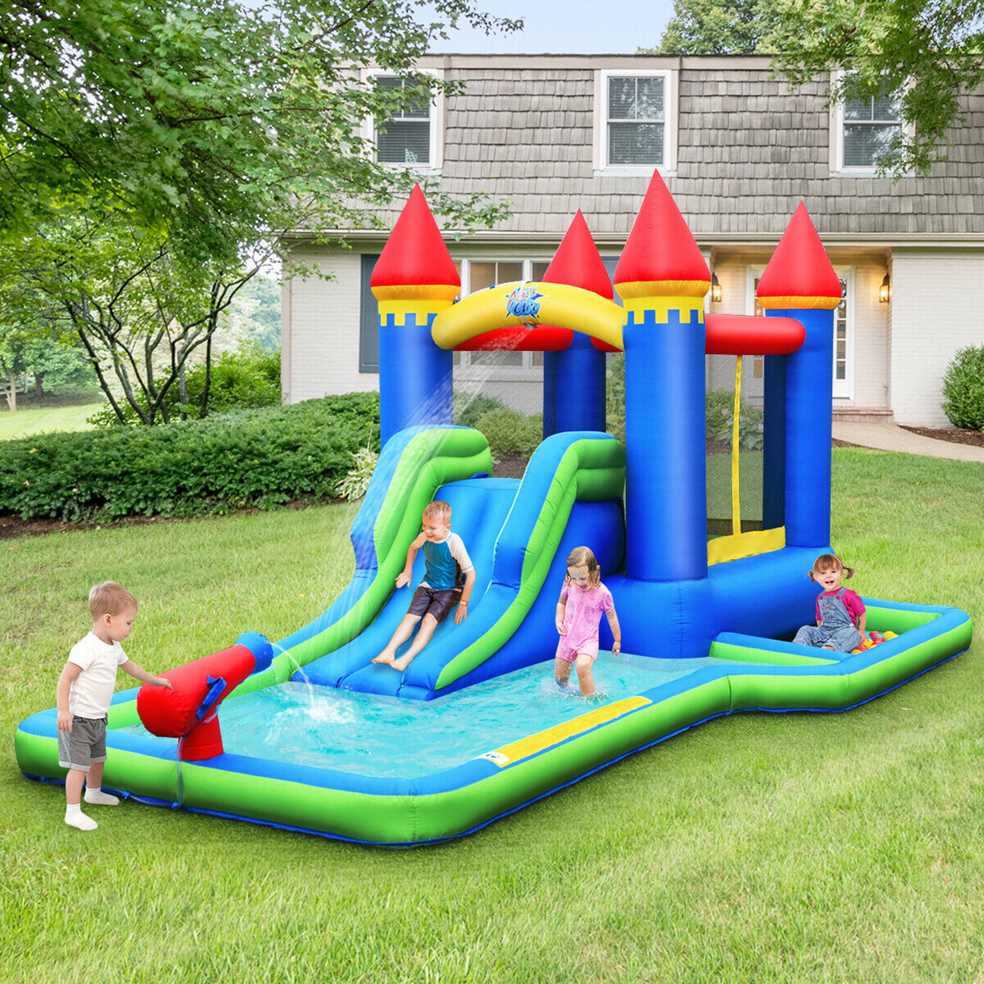 Gymax Inflatable Bouncer Climbing Slide Bounce House Water Park BallPit Without Blower