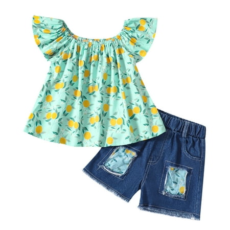 

Ounabing Toddler Gilrl Fly Sleeve Cartoon Fruit Prints Tops Enim Shorts Child Kids Outfits Bow Set Girl Outfit Set
