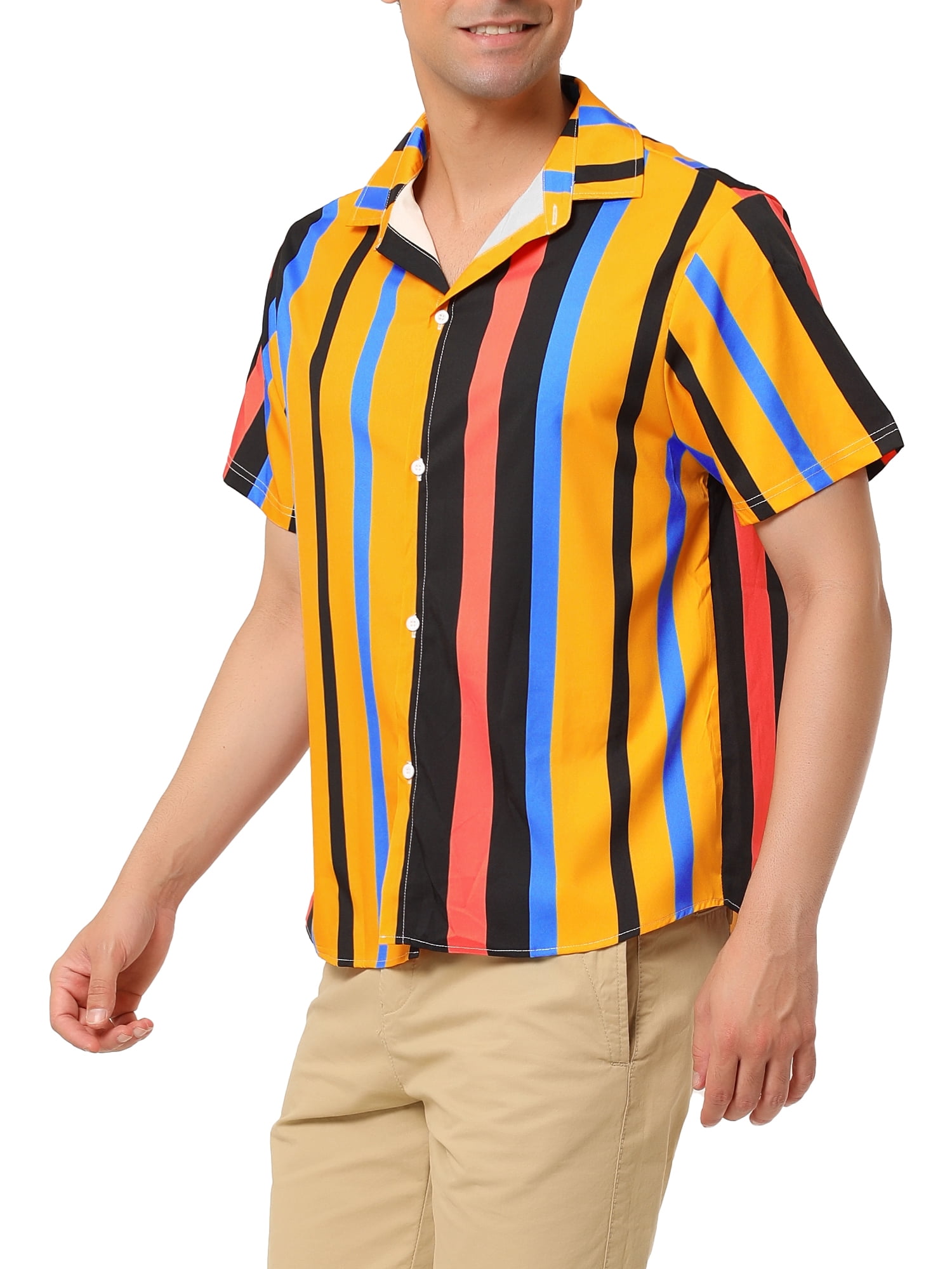 Unique Bargains Men's Summer Striped Shirt Short Sleeve Button Down Beach Shirts L Orange Black Blue