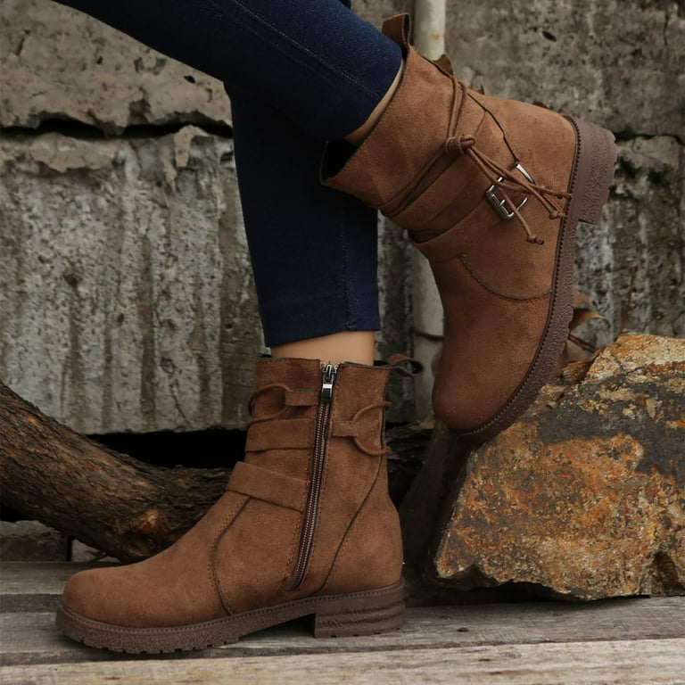 Women s Autumn And Winter Leather Face Solid Color Side Zipper Ankle Boots Warm Casual Temperament Buckle Boots Boots for Big Girls Womens Work Boots Wide Leather Boots Womens Boots with Studs Cut