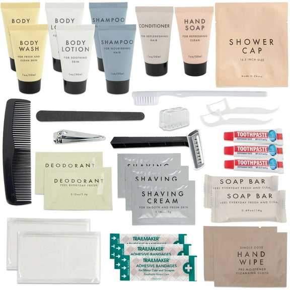 25 Pack of Bulk Wholesale 35 Piece Travel Size Toiletry Kits Containing Shampoo, Conditioner, Body Wash, Body Lotion, Soap Bars, Toothbrush, Toothpaste, Hair Comb, Deodorant and More!