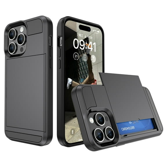 For iPhone 16 Pro Case with ID Credit Card Holder, Dual Layer Shockproof Hidden Sliding Card Slot Wallet Anti-Scratch Hard Shell Rugged Back Cover Slim Phone Case,Gray