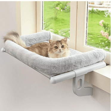 Cat Window Sill Perch with Large Bolster, Easy to Adjust & Assemble Cat Window Seat for Windowsill & Bedside, Cat  Be for Large Cats an Kittens (Grey, M)