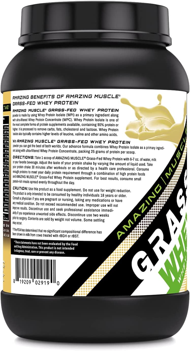Amazing Muscle Grass Fed Whey Protein (Isolate & Concentrate)- 2Lbs Supplement | Vanilla Flavor | Non-GMO | Gluten Free | Made in USA