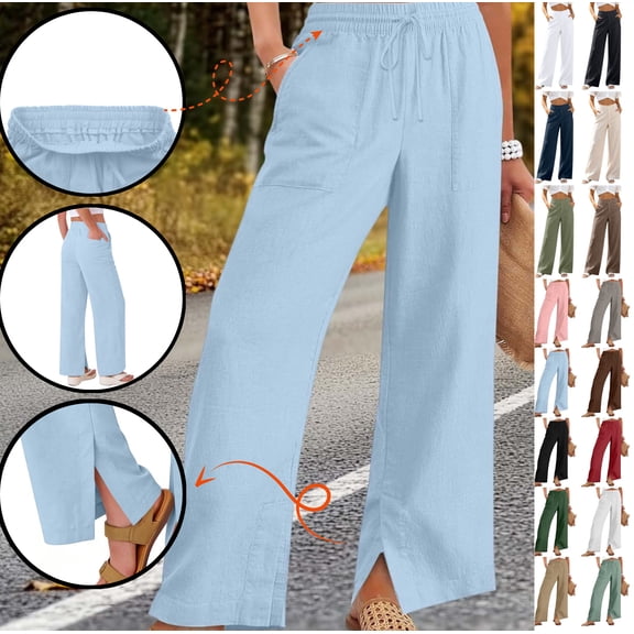 LEKWK Linen Pants for Women Wide Leg Lightweight High Waisted Beach Pants Elastic Waist Drawstring Pants with Pockets Full Length Lounge Pants Beach Vacation Summer Casual Wear Blue XL