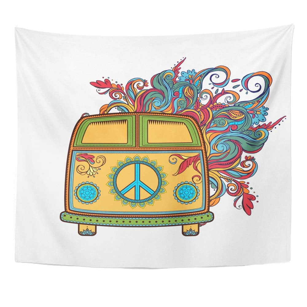 ZEALGNED Hippie Vintage Car Mini Van Ornamental Love and Music Hippy Color Retro 1960S Wall Art