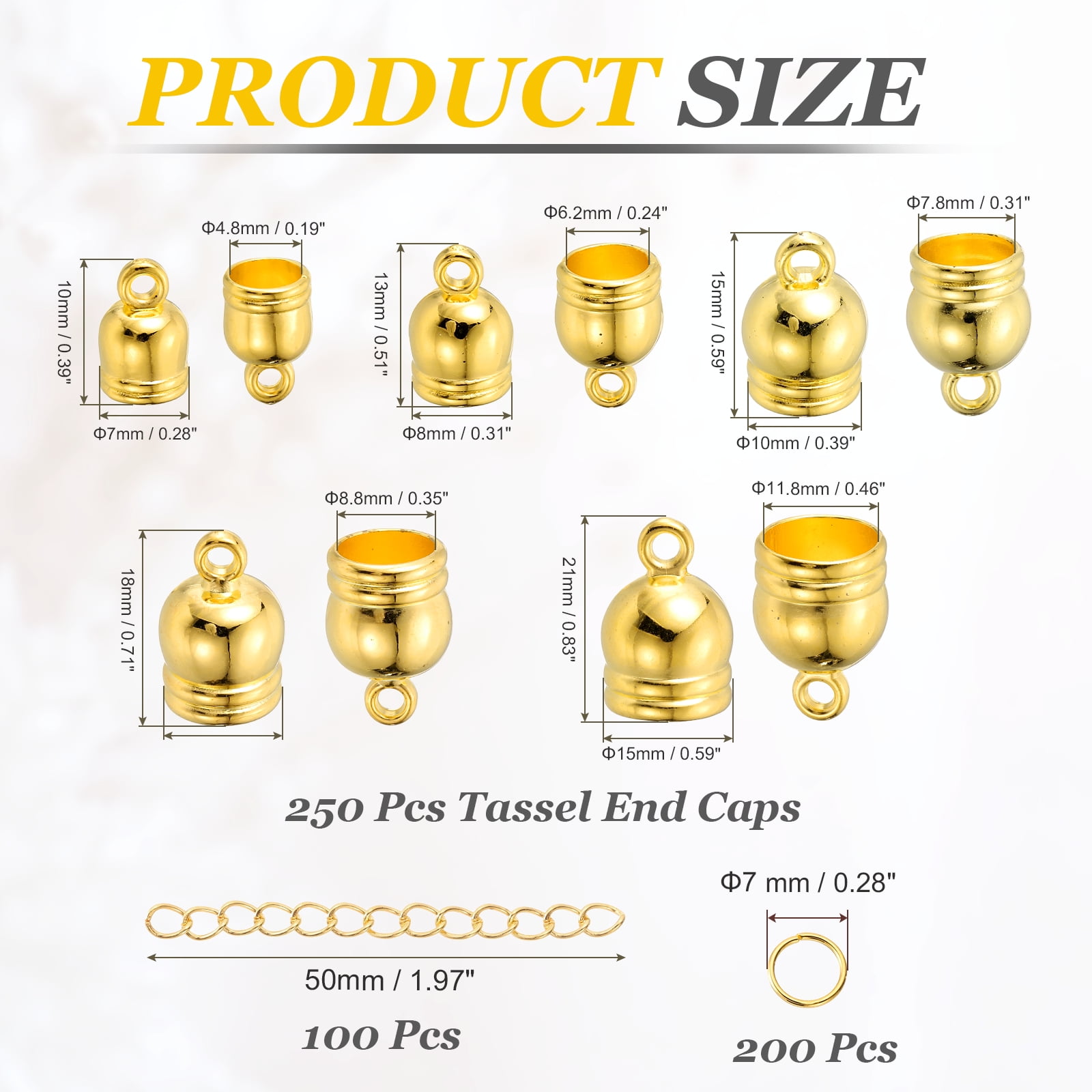 Uxcell 550Pcs Leather Cord End Caps, 4.8 to 11.8mm ID Tassel Barrel End Caps with Extender Chains and Jump Rings for Jewelry Making Findings DIY Bracelet Necklace, Gold Tone