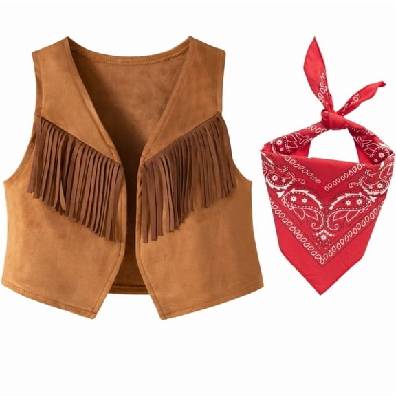 Marendyee Dress up Western Cowboy Style Costume For Boys and Girls Brown Fringe Vest Top Outfit For Toddler With a red bandana Set for Halloween Cosplay Kids 6T 5-6Years