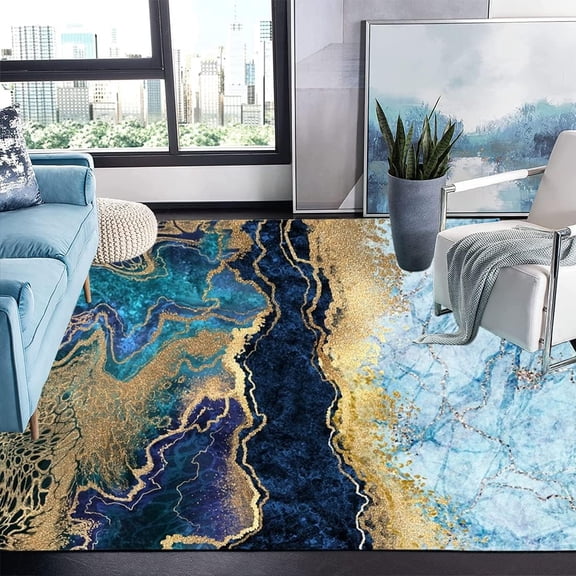Marble Texture Modern Abstract Blue and Gold Aesthetic Area Rug 2x3ft Non-Shedding Luxury Art Decor Rug for Livingroom Bedroom Diningroom Indoor Floor Carpet