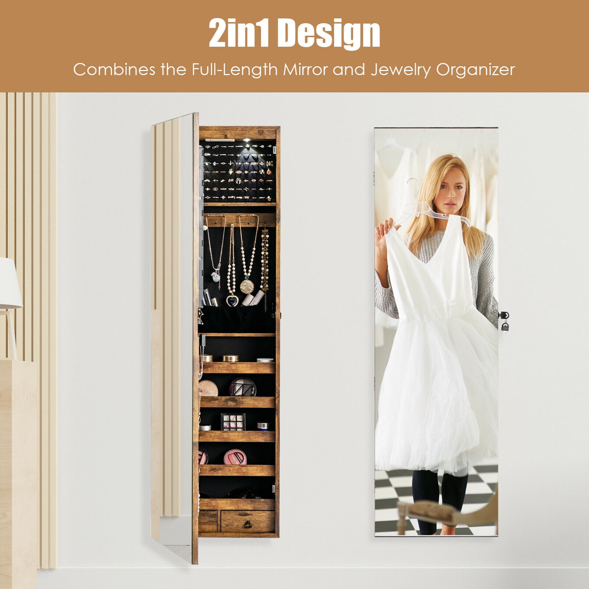 Gymax Brown Mirrored Wall & Door Mounted Jewelry Storage Cabinet Organizer W/ Lights & Drawer Rustic
