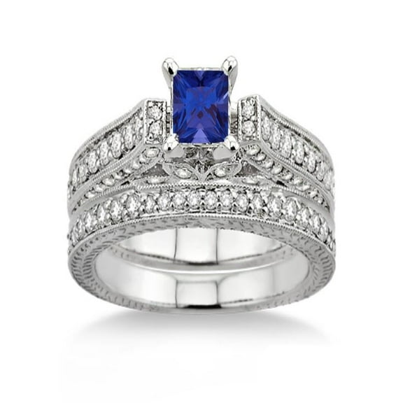 2 Carat Sapphire and Diamond Antique Bridal Set Engagement Ring on 10k White Gold