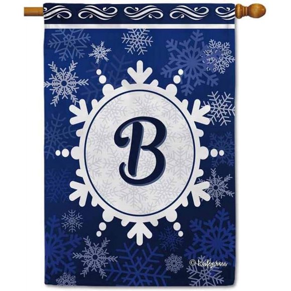 Monogramme Flocon de Neige d'Hiver Bienvenue Drapeau de Maison Décoratif Lettre Initiale Bannière de Décoration de Neige pour Intérieur et Extérieur 28x40 Pouces Double Face
