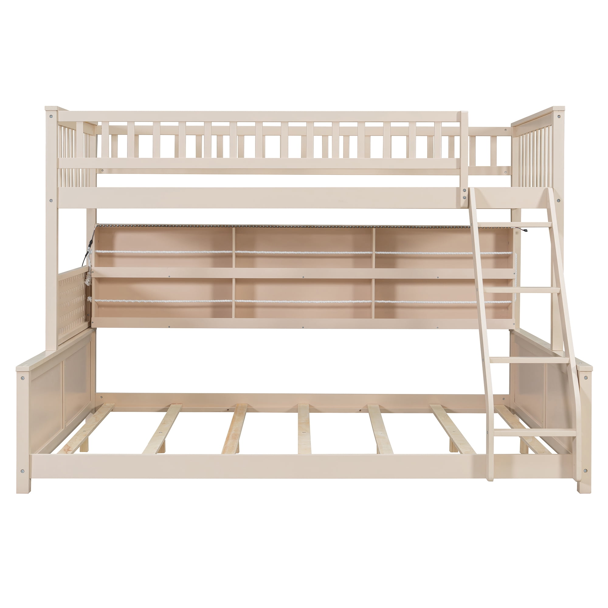 Twin XL over Queen Bunk Bed with Integrated Side Storage Shelves and Color-Changing LED Lights, Solid Wood Bunk Bed Frame with Integrated Shelving and Pegboard for Kids Teens Adults