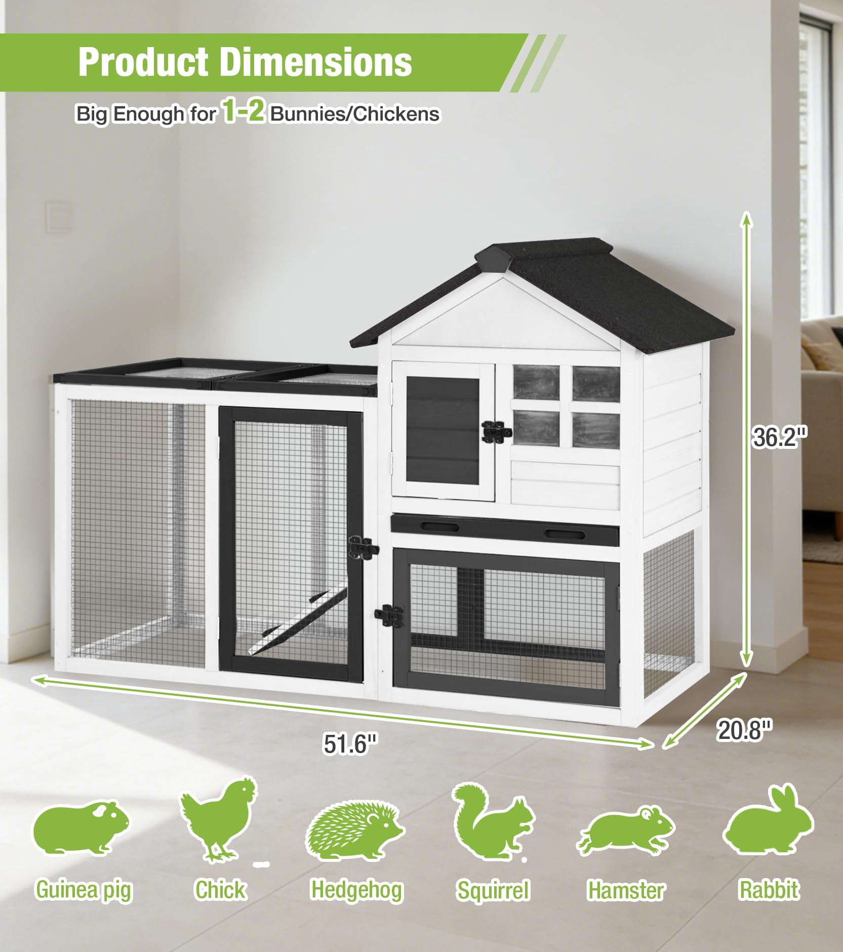 Aivituvin Rabbit Hutch Outdoor Rabbit Cage Indoor 51.6" L Waterproof Bunny Cage with Chew-Proof Ramp and Lockable Doors for Indoor Outdoor Use Black and White