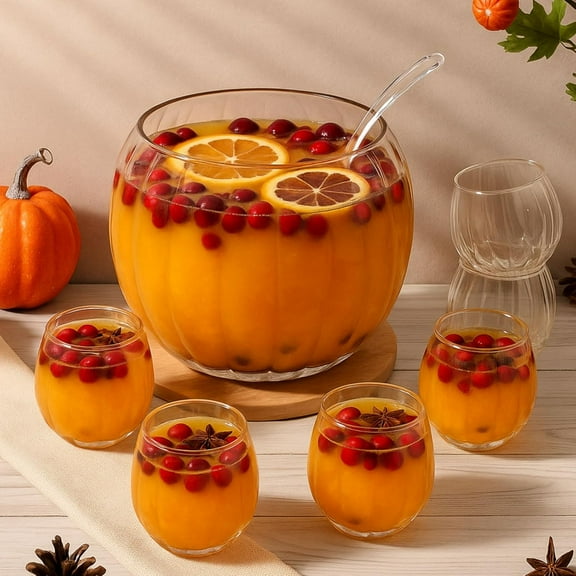 Glass Fall Pumpkin Punch Bowl Set 1 Large Punch Bowl 6 Cups 1 Ladle for Fall Autumn Thanksgiving Halloween Party Holiday School Centerpiece Table Decorations