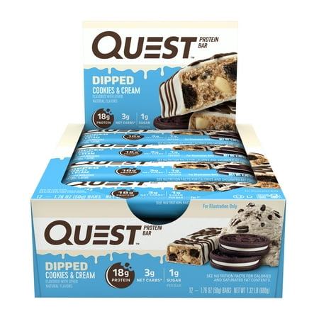 Quest Dipped Protein Bars, Low Sugar, High Protein, Cookies and Cream, 12 Count