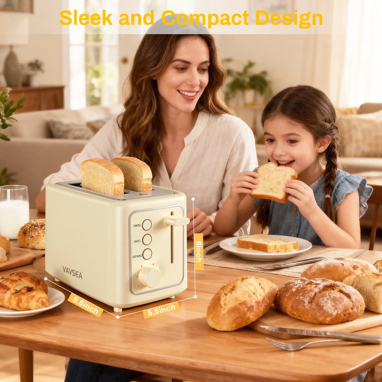 VAVSEA 2 Slice Toaster, 1000W Bread Toaster Machine with Extra Wide Slot, 6 Shade Settings and LED for Bagels, Waffles, Bread, Removable Crumb Tray, Breakfast Helper, Gifts for Christmas