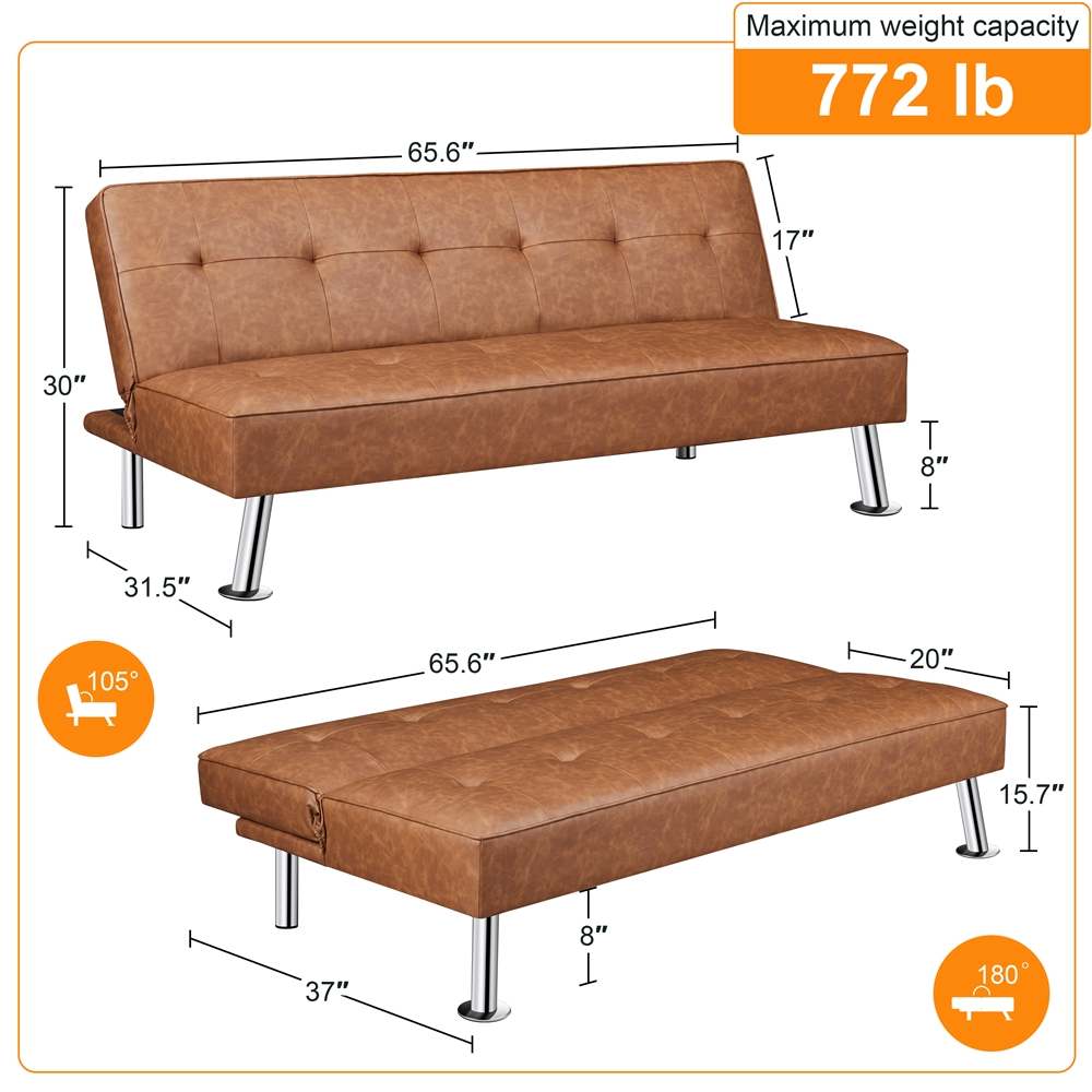 SmileMart Convertible Tufted Faux Leather Futon Sofa Bed with Chrome Metal Legs, Brown - image 3 of 9