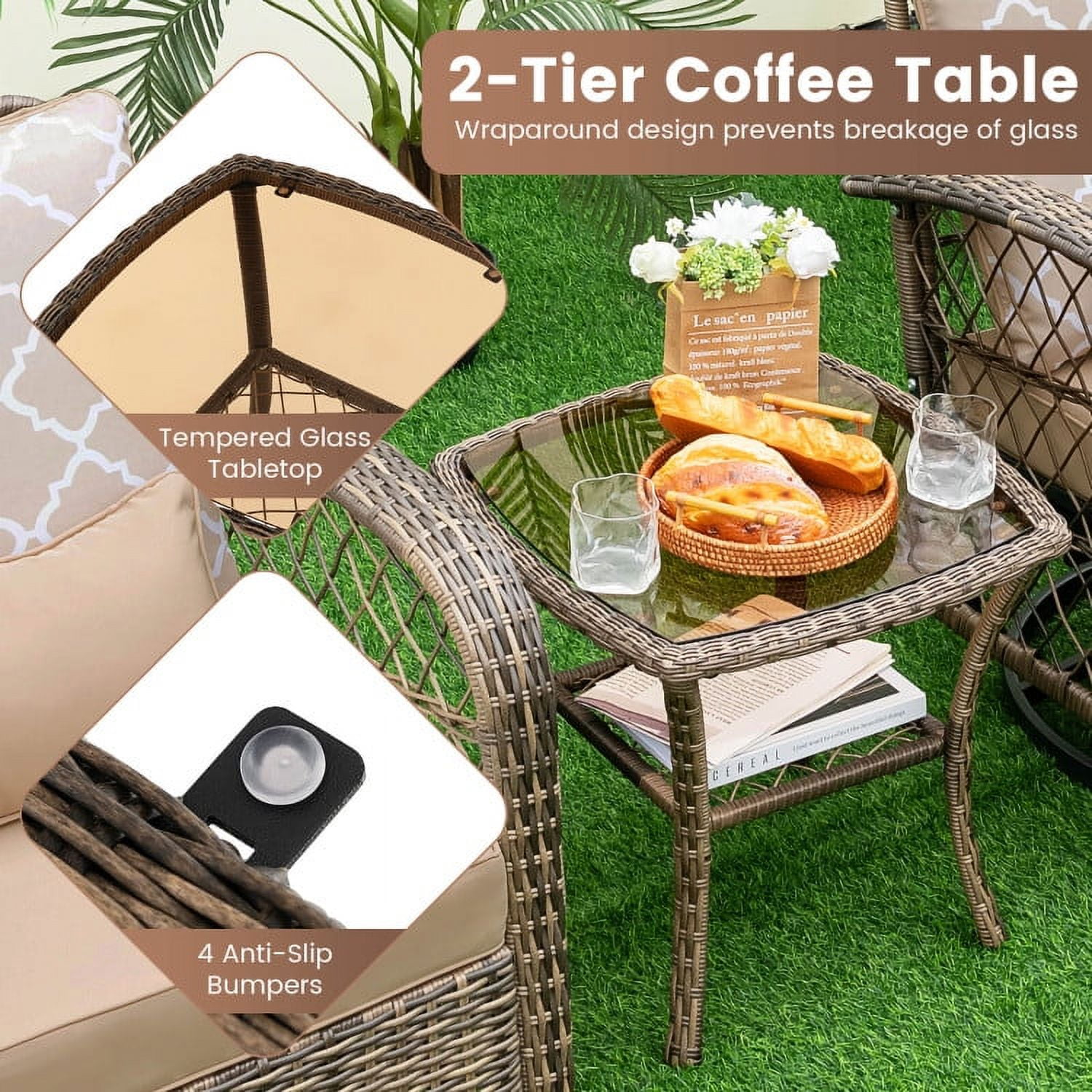 Aimee Lii 3 Pieces Outdoor Wicker Conversation Set with Tempered Glass Coffee Table, Patio Sectional Furniture Set, Beige