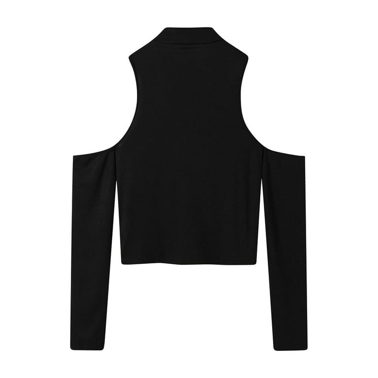 Fashion High Neck Hollow Out Off Shoulder Slit T-Shirt Fashion High Neck Hollow Out Off Shoulder Slit T-Shirt