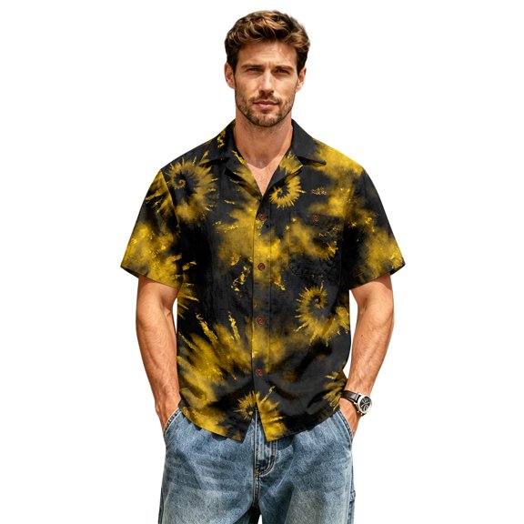 JULMCOMO Cotton Linen Shirts for Men Abstract Printed Collared Short Sleeve Casual Button Down Shirt Vacation Summer Tees with Chest Pocket Yellow 4XL