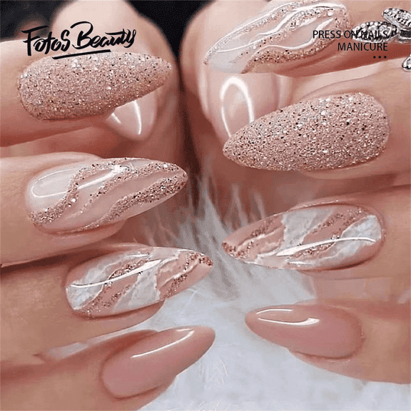 Fofosbeauty 24pcs Press on False Nails Tips, Almond Nails, Nude Powder Glitter