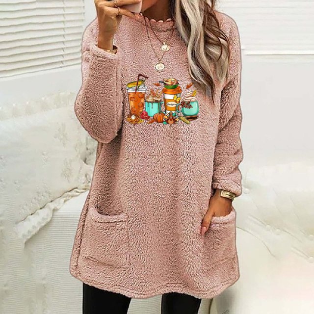 Hauts pour Femmes, Blouse à Manches Longues, Col Rond, Ample, Imprimée, avec Poche, Chaude, en Liquidation
