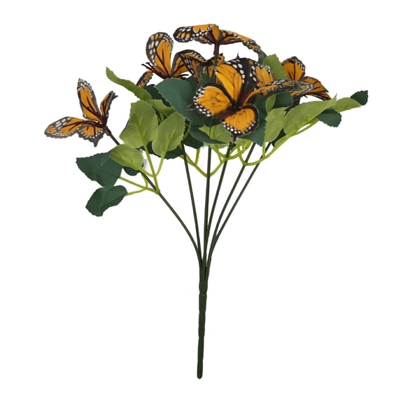 Artificial Butterfly Branches For Outdoor 11.8inch Plants With Green Leaves 7 Butterflies Faux Floral Arrangements For Spring Summer Home Garden Porch Window Box Home Decor, 1Pc(Orange,11.8x7.9")