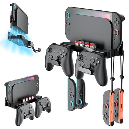 Wall Mount for Nintendo Switch 2 2025 /Switch OLED/Switch Console, Switch 2 holder with Storage 8 Card Slots,2 Pro Controller and 4 Joycon Hanger-Install Behind TV, Black