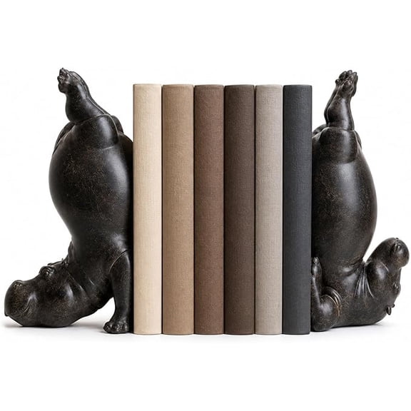 Hippo Bookends Single Pack, Whimsical Upside Down Hippopotamus Book Holder, Heavy Resin Yoga Hippo Book End for Modern Farmhouse Desktop Decor, Funny Reader Gift Black Style B