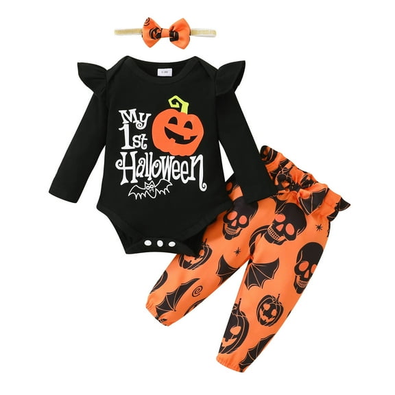 Mercatoo Toddler Baby Girl Halloween Outfits Long Sleeve Rompers and Cartoon Printed Pants with Headband 3pcs Set