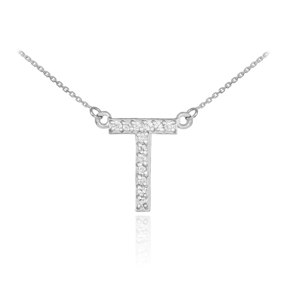 14K WHITE GOLD LETTER "T" DIAMOND INITIAL NECKLACE : 16"
